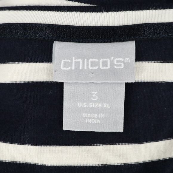 Chicos Top 3 Womens XL Dark Navy White Stripe Blouse Bell Sleeve Pima Cotton - Picture 3 of 13